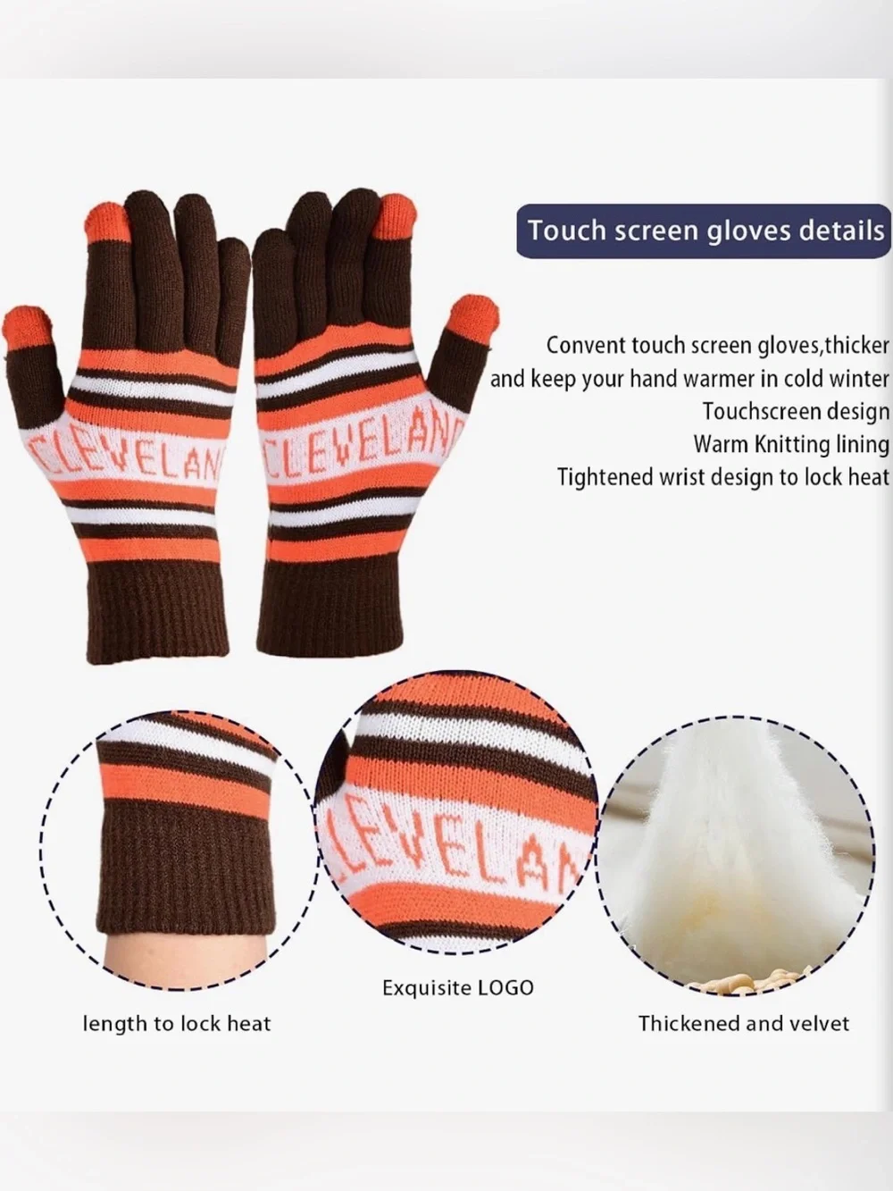 Cleveland Striped Pom Beanie & Gloves Set - Adult- Brown/Orange/White